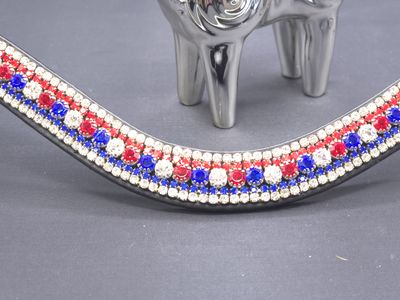 X-Deep U  *  5 Row (6.5mm, 3mm Size PRECIOSA Glass Crystal)  * Easy On/Off Crystal Rivet Button Closure  * BLACK or BROWN Italian Leather Browband    * Red, White and Blue Crystals