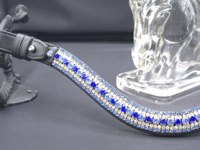 X-Deep U  *  5 Row (6.5mm, 3mm Size PRECIOSA Glass Crystal)  * Easy On/Off Crystal Rivet Button Closure  * BLACK or BROWN Italian Leather Browband   * Sapphire and Clear Crystals