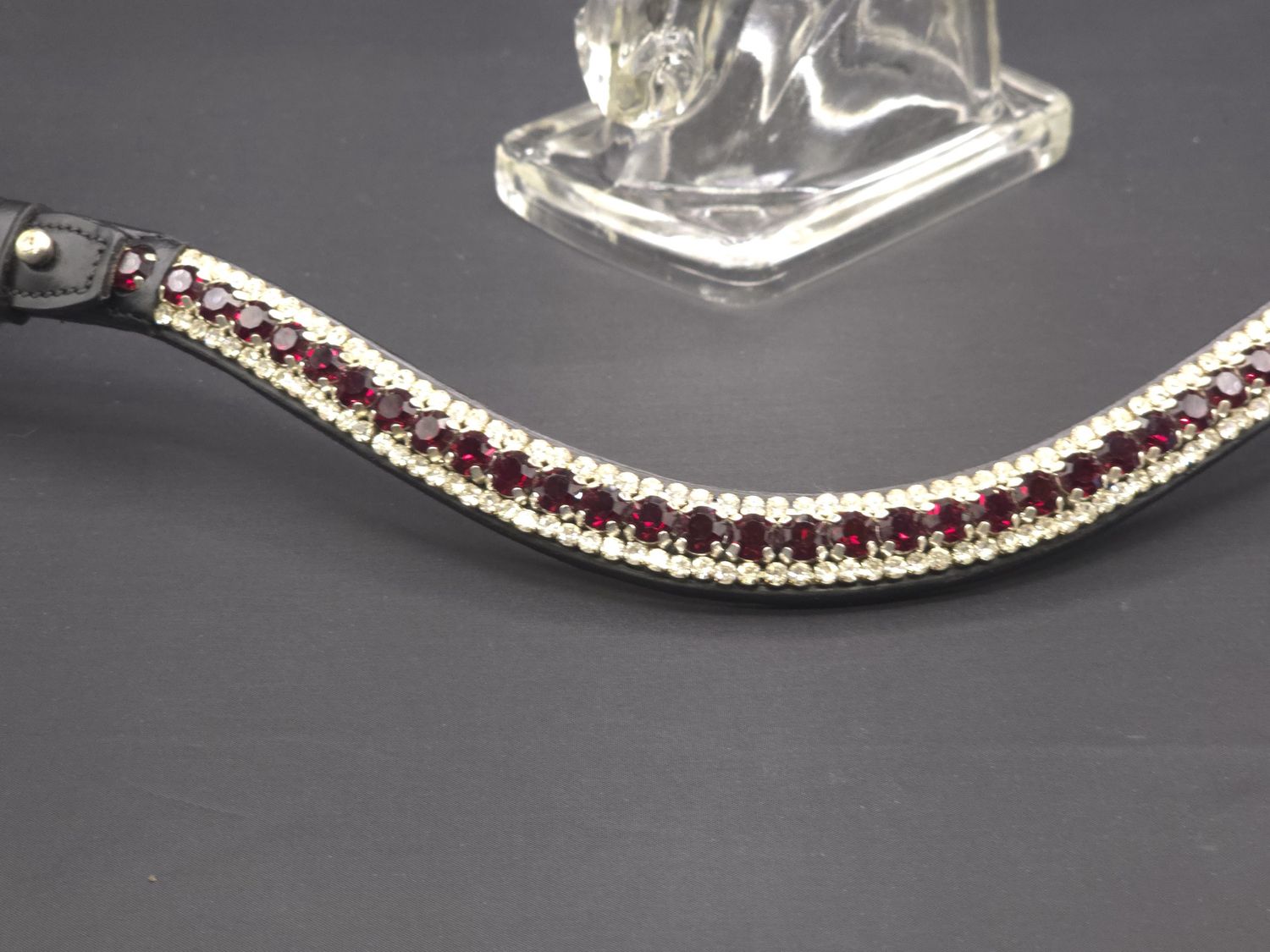 Siam and Clear 3 Row 40SS (center) PRECIOSA Glass Crystal - Easy On/Off Crystal Rivet Button Closure BLACK or BROWN Leather Browband