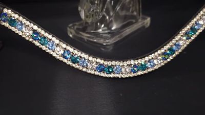 3 Row (8.5mm, 4mm PRECIOSA Glass Crystal)  * Easy On/Off Snap   * BLACK or BROWN Italian Leather Browband  *  Aquamarine, Blue Zircon, Bermuda Blue, Indicolite and Clear Crystals