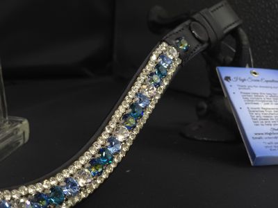 X-Deep U   * 3 Row (8.5mm, 4mm PRECIOSA Glass Crystal)  * Easy On/Off Snap   * BLACK or BROWN Italian Leather Browband  *  Aquamarine, Blue Zircon, Bermuda Blue, Indicolite and Clear Crystals