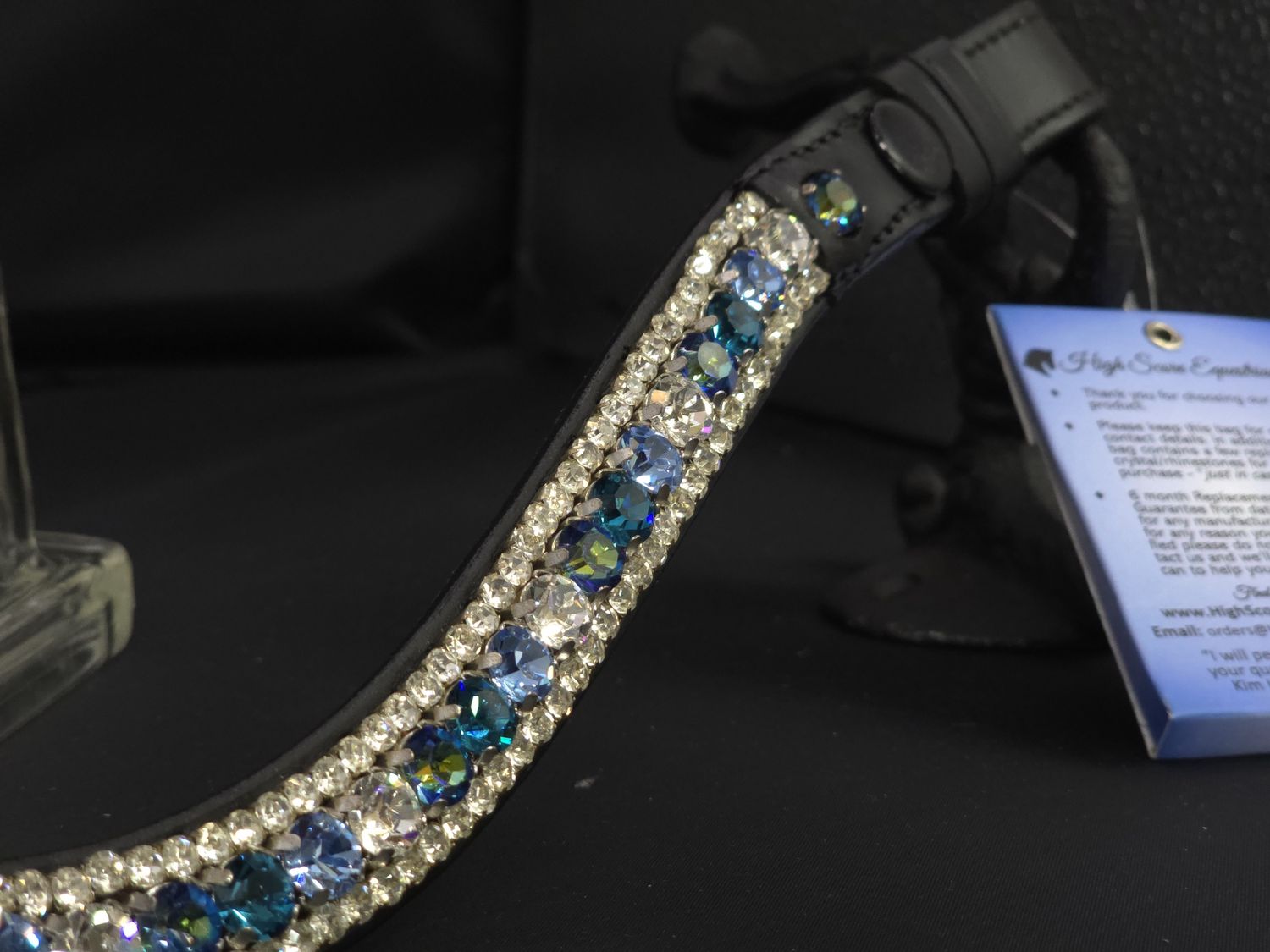 X-Deep U   * 3 Row (8.5mm, 4mm PRECIOSA Glass Crystal)  * Easy On/Off Snap   * BLACK or BROWN Italian Leather Browband  *  Aquamarine, Blue Zircon, Bermuda Blue, Indicolite and Clear Crystals