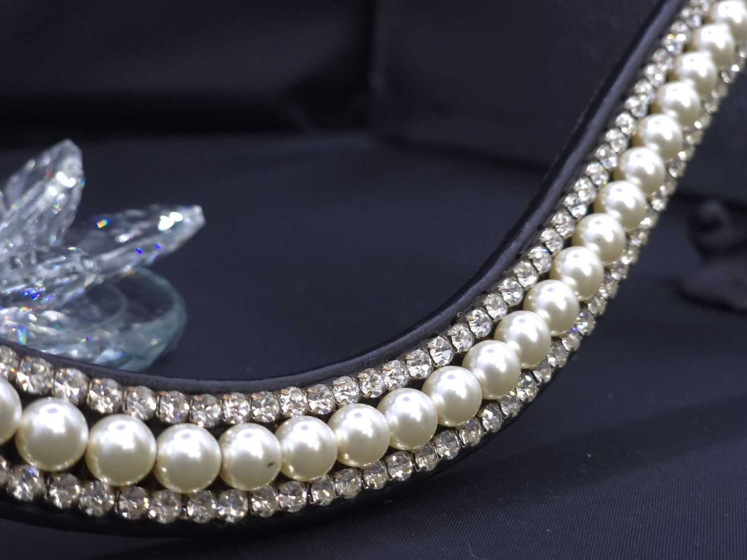 X-Deep U  * 3 Row (8mm Pearl, 4mm Austrian Glass Crystal) * Easy On/Off Crystal Rivet Button Closure * BLACK or BROWN Italian Leather Browband * Cream Pearls and Clear Crystals