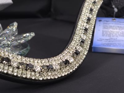 X-Deep U   * 5 Row (6.5mm, 3mm Size PRECIOSA Glass Crystal)  * Easy On/Off Snap   * BLACK or BROWN Italian Leather Browband  * Jet Black, Blk Diam.  &amp; Clear Crystals