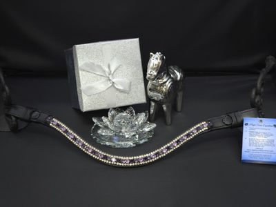 3 Row (6.5mm, 3mm Size PRECIOSA Glass Crystal)  * Easy On/Off Snap  * BLACK or BROWN Leather Browband  *Deep Tanaznite, Tanzanite, Violet and Clear 3 Row (6.5mm, 3mm Size PRECIOSA Glass Crystal)  * Easy On/Off Snap  * BLACK or BROWN Leather Browband  *Deep Tanaznite, Tanzanite, Violet and Clear