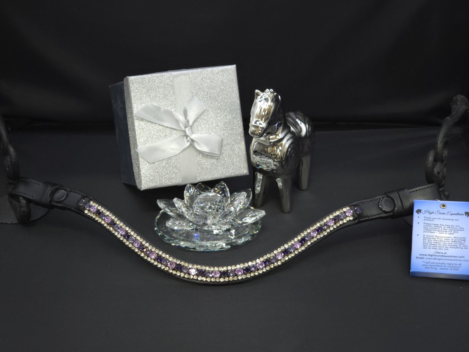 3 Row (6.5mm, 3mm Size PRECIOSA Glass Crystal)  * Easy On/Off Snap  * BLACK or BROWN Leather Browband  *Deep Tanaznite, Tanzanite, Violet and Clear