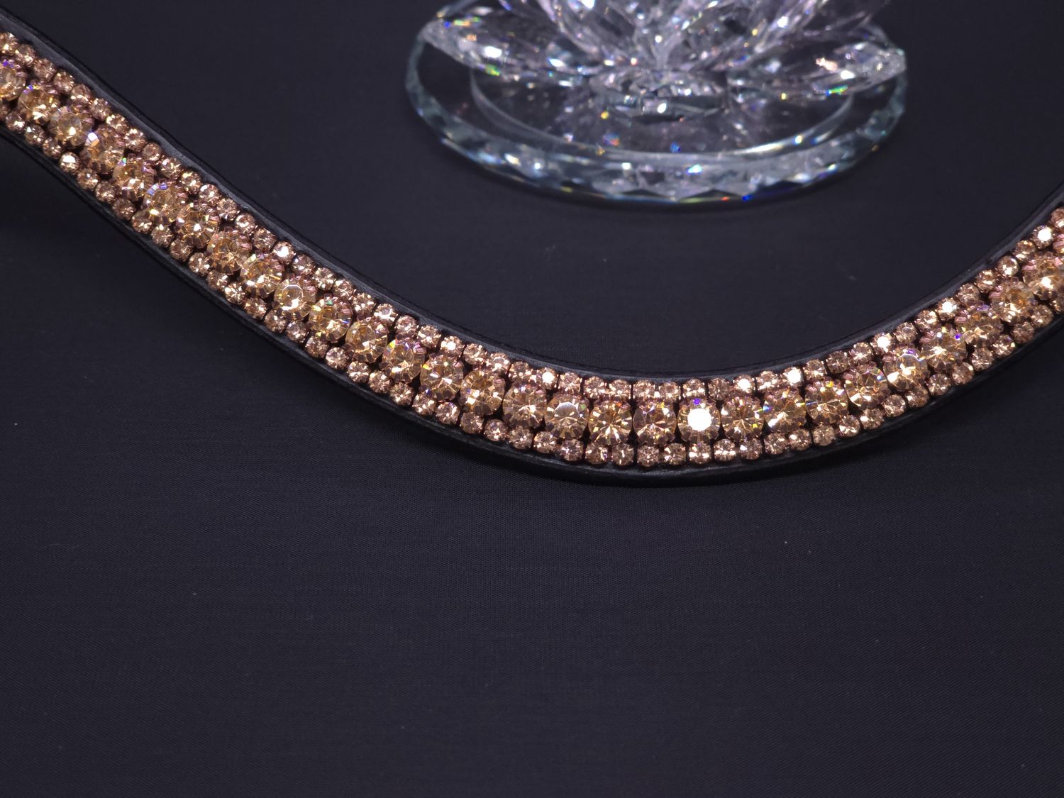 3 Row (6.5mm, 3mm Size PRECIOSA Glass Crystal)  * Easy On/Off Snap  * BLACK or BROWN Leather Browband  * Rose Gold Crystals