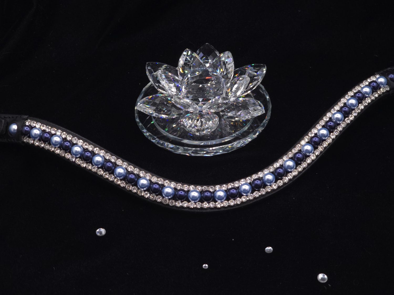 * X-Deep U   * 3 Row (8mm Austrian Pearl, 4mm Czech Glass Crystals)   *  Easy On/Off Crystal Rivet Button Closure  * BLACK or BROWN Italian Leather Browband  * Lt. Blue, Night Blue Austrian Pearls wit