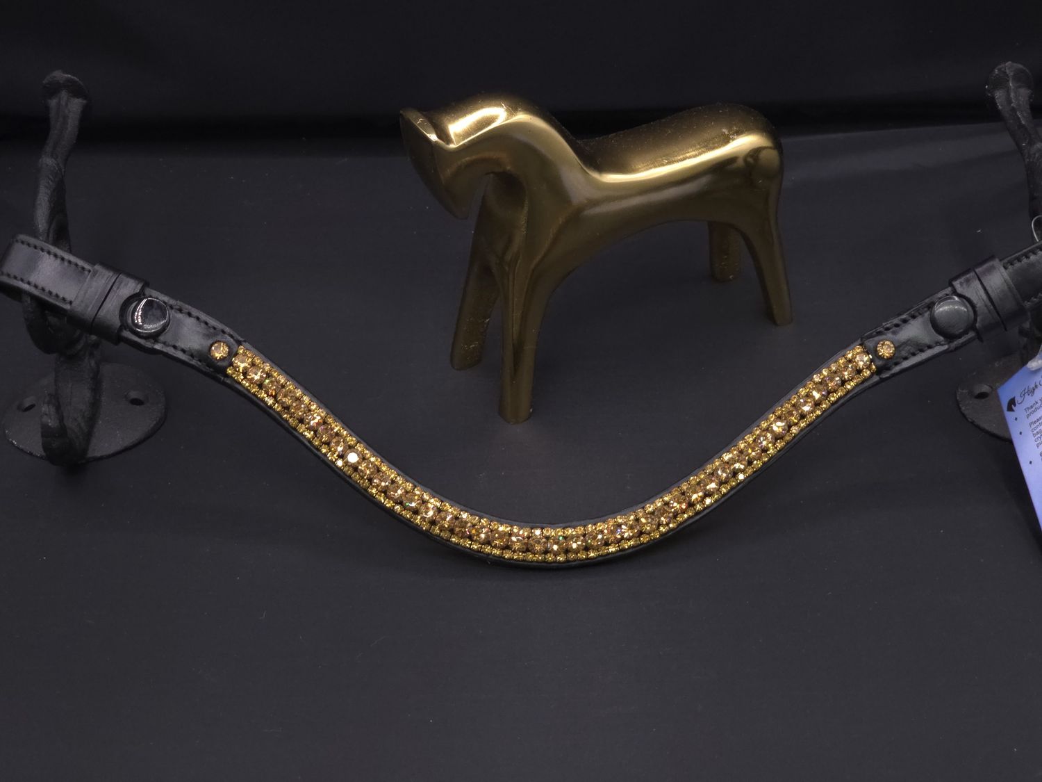 3 Row (6.5mm, 3mm Size PRECIOSA Glass Crystal)  * Easy On/Off Snap  * BLACK or BROWN Leather Browband  *Gold Crystals