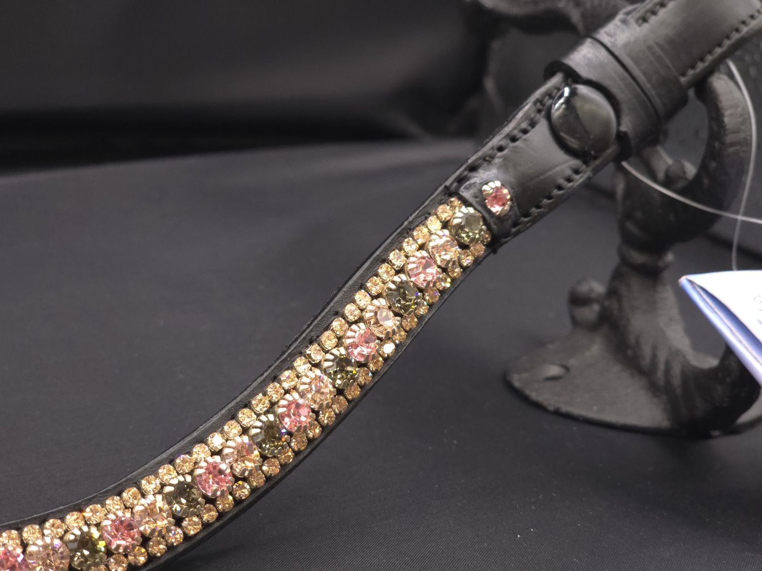 3 Row (6.5mm, 3mm Size PRECIOSA Glass Crystal)  * Easy On/Off Snap  * BLACK or BROWN Leather Browband  *Lt Rose, Vintage Rose and Black Diamond Crystals