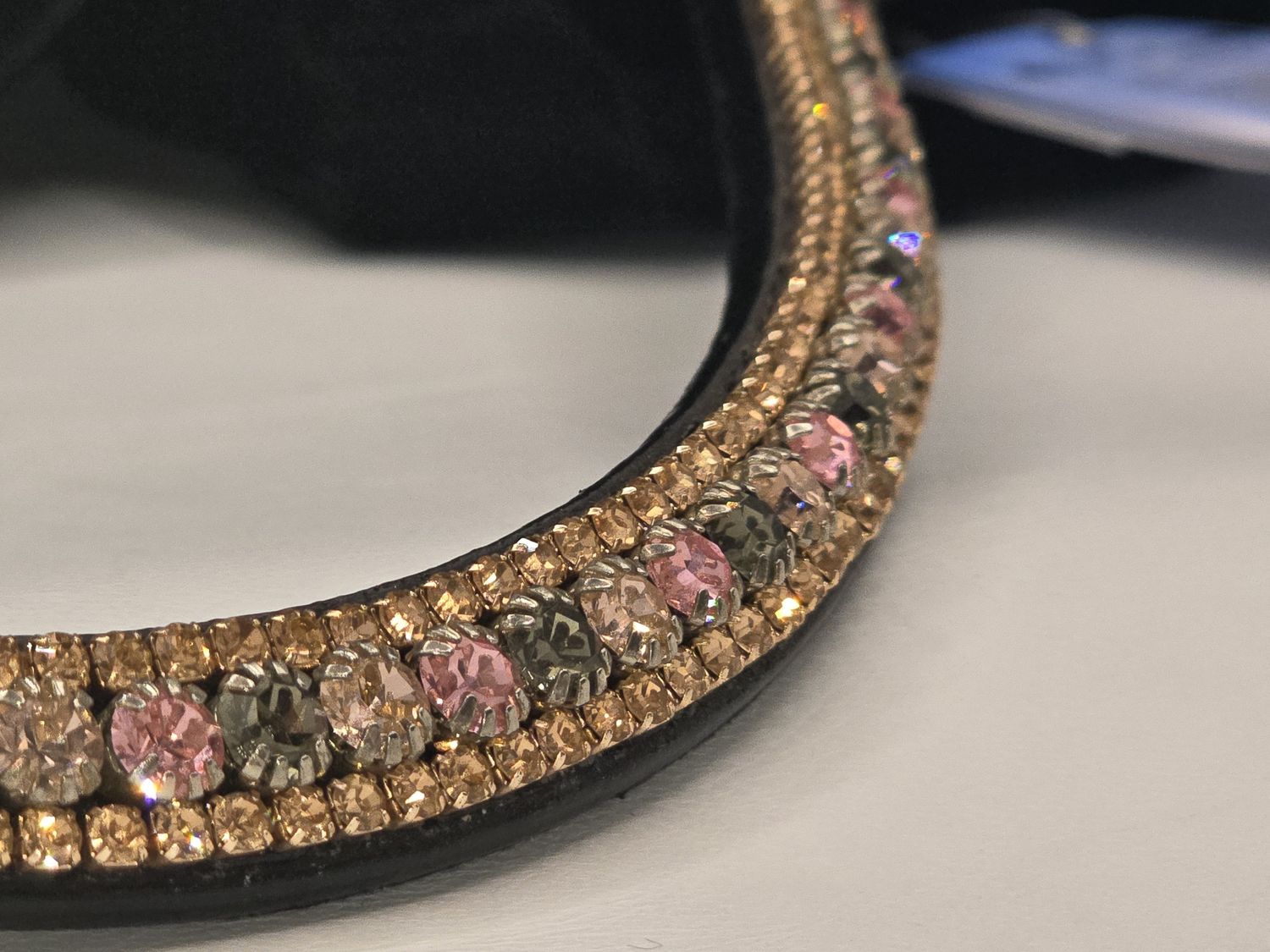 3 Row (6.5mm, 3mm Size PRECIOSA Glass Crystal)  * Easy On/Off Snap  * BLACK or BROWN Leather Browband  *Lt Rose, Vintage Rose and Black Diamond Crystals