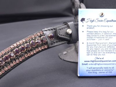 5 Row - Amethyst (Burgundy) Lt. Amethyst, Black PRECIOSA Glass Crystal - Easy On/Off Crystal Rivet Button BLACK or BROWN Leather Browband