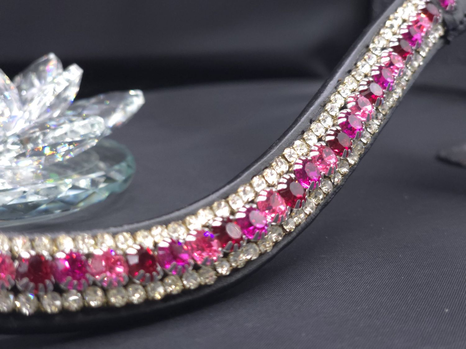 3 Row (6.5mm, 3mm Size PRECIOSA Glass Crystal)  * Easy On/Off Snap  * BLACK or BROWN Leather Browband  * Rose, Fuchsis, Ruby Crystals