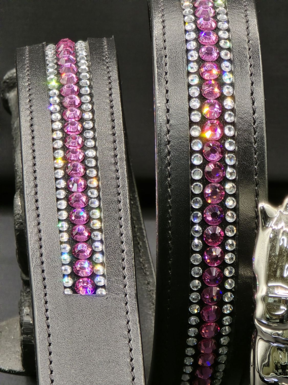 Pink, Fuchsia, Clear 3 Row - “NO SNAG” Glass Crystal – High Quality BLACK Leather Belt - “EASY SWITCH” Snap On/Off Buckle