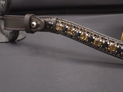Topaz, Jet Black 3 Row 40SS (center) PRECIOSA Glass Crystal - Easy On/Off Crystal Rivet Button Closure BROWN Leather Browband