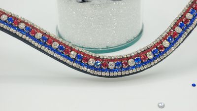 Red, White &amp; Blue 5 Row PRECIOSA Glass Crystal - Easy Snap-On Closure BLACK or BROWN Leather Browband