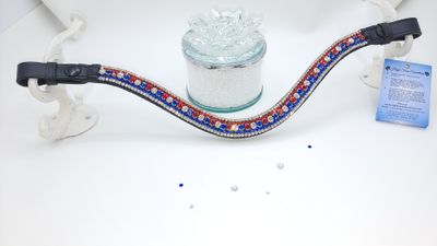 Red, White &amp; Blue 5 Row PRECIOSA Glass Crystal - Easy Snap-On Closure BLACK or BROWN Leather Browband