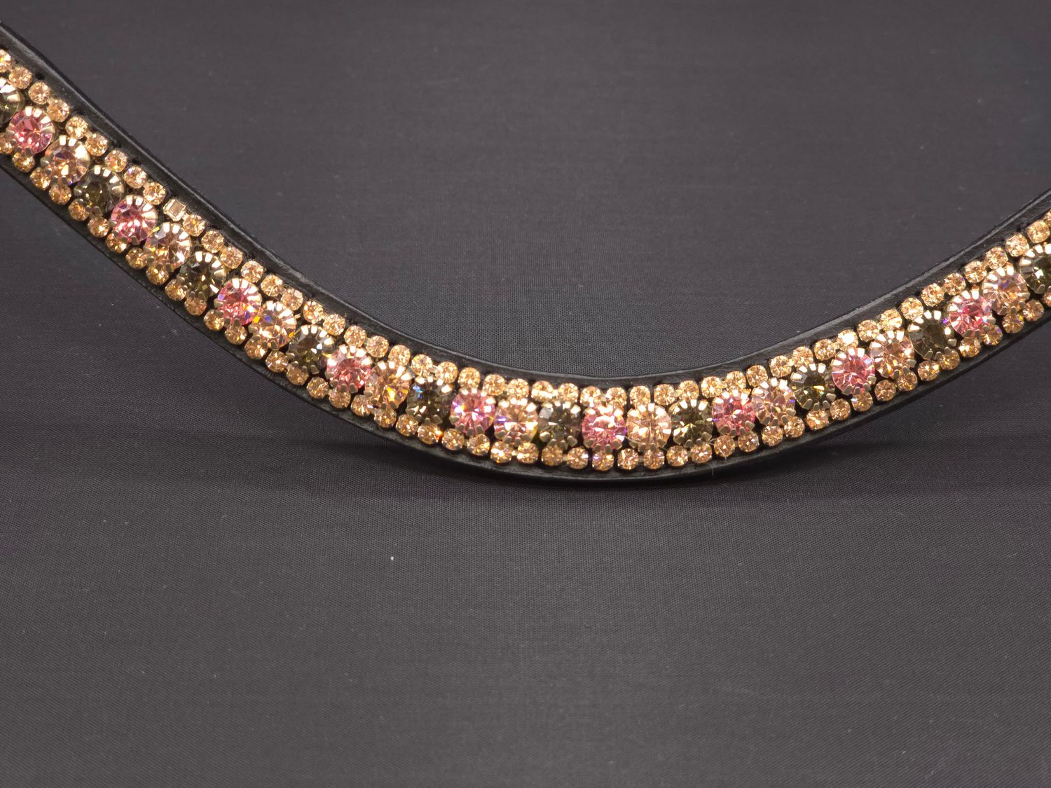3 Row (6.5mm, 3mm Size PRECIOSA Glass Crystal)  * Easy On/Off Snap  * BLACK or BROWN Leather Browband  *Lt Rose, Vintage Rose and Black Diamond Crystals