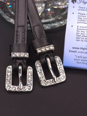Clear Crystal Inlay Buckle &amp; Keeper - High Quality English Leather - BLACK Spur Straps