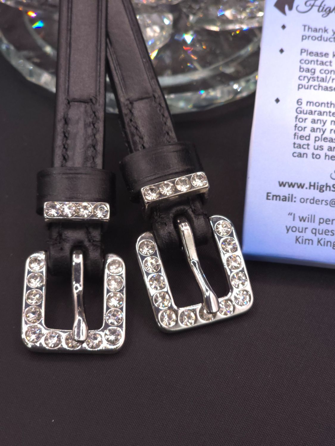 Clear Crystal Inlay Buckle &amp; Keeper - High Quality English Leather - BLACK Spur Straps