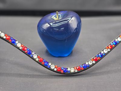 Med. U Shape*  Mix Pattern (7/4mm) ARIANA “NO SNAG Secure-Stitch" Hot Fix Glass Crystal)  *  Easy On/Off Snap   * BLACK or BROWN Italian Leather Browband  *Red, White and  Blue Mix Crystals