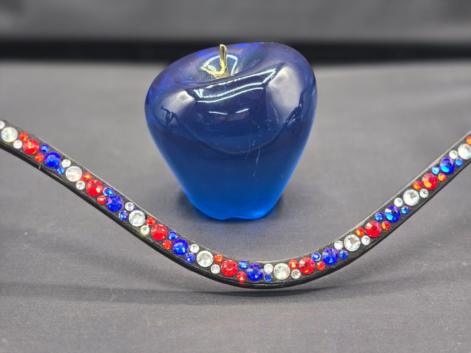 Med. U Shape*  Mix Pattern (7/4mm) ARIANA “NO SNAG Secure-Stitch" Hot Fix Glass Crystal)  *  Easy On/Off Snap   * BLACK or BROWN Italian Leather Browband  *Red, White and  Blue Mix Crystals