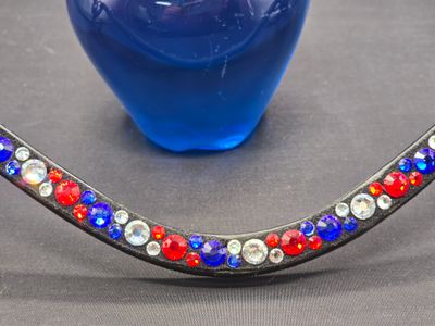 Med. U Shape*  Mix Pattern (7/4mm) ARIANA “NO SNAG Secure-Stitch" Hot Fix Glass Crystal)  *  Easy On/Off Snap   * BLACK or BROWN Italian Leather Browband  *Red, White and  Blue Mix Crystals