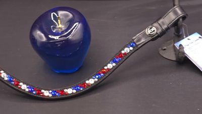 Med. U Shape*  Mix Pattern (7/4mm) ARIANA “NO SNAG Secure-Stitch" Hot Fix Glass Crystal)  *  Easy On/Off Snap   * BLACK or BROWN Italian Leather Browband  *Red, White and  Blue Mix Crystals