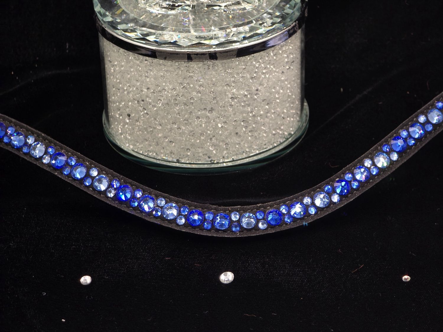 Med-Deep U  *  Mix Pattern (7mm, 4mm ARIANA “NO SNAG Secure-Stitch" Hot Fix Glass Crystal)  *  Easy On/Off Snap   * BLACK or BROWN Italian Leather Browband  *Sapphire, Med &amp; Lt. Sapphire  Crystals