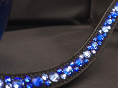 Med-Deep U  *  Mix Pattern (7mm, 4mm ARIANA “NO SNAG Secure-Stitch" Hot Fix Glass Crystal)  *  Easy On/Off Snap   * BLACK or BROWN Italian Leather Browband  *Sapphire, Med &amp; Lt. Sapphire  Crystals
