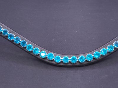 Blue Zircon, Bermuda Blue, Indicolite Stunning Ombre 1 Row  40ss PRECIOSA Glass Crystal Easy Snap On/Off – BLACK Leather Browband