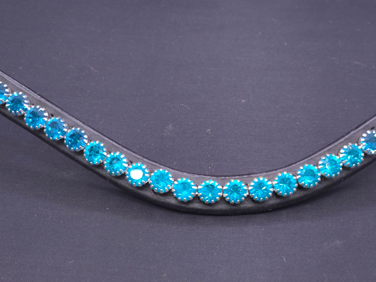 Blue Zircon, Bermuda Blue, Indicolite Stunning Ombre 1 Row  40ss PRECIOSA Glass Crystal Easy Snap On/Off – BLACK Leather Browband