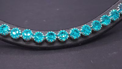 Blue Zircon, Bermuda Blue, Indicolite Stunning Ombre 1 Row  40ss PRECIOSA Glass Crystal Easy Snap On/Off – BLACK Leather Browband