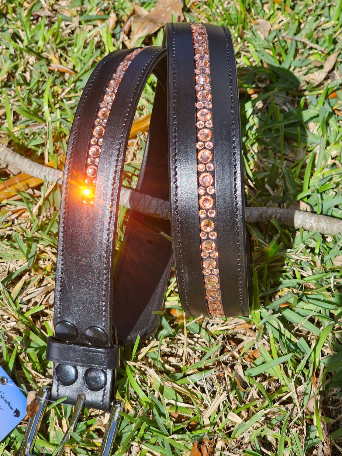 Rose Gold (Apricot)  1 Row - Mix Pattern “NO SNAG” Glass Crystal – High Quality BLACK  Leather Belt - “EASY SWITCH” Snap On/Off Buckle