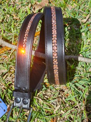 Rose Gold (Apricot)  1 Row - Mix Pattern “NO SNAG” Glass Crystal – High Quality BLACK  Leather Belt - “EASY SWITCH” Snap On/Off Buckle