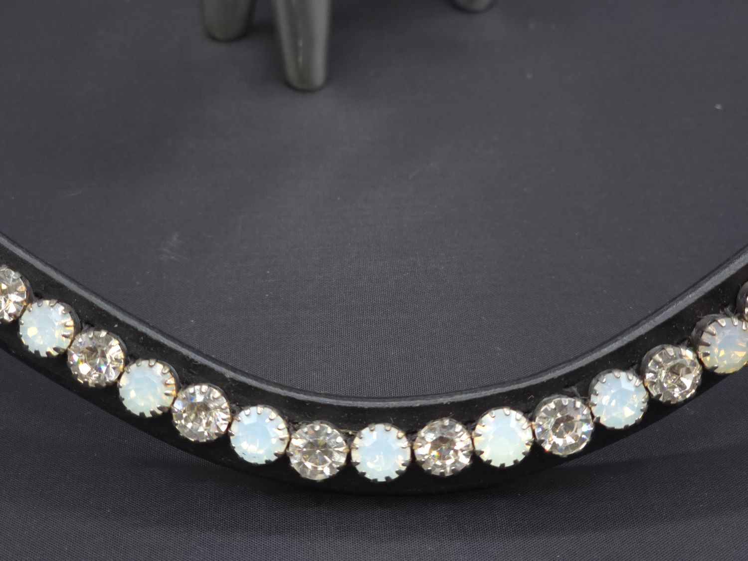 Opal and Clear 1 Row PRECIOSA Glass Crystal -Easy On/Off Crystal Rivet Button Closure Black Leather Browband Opal and Clear 1 Row PRECIOSA Glass Crystal -Easy On/Off Crystal Rivet Button Closure Black Leather Browband