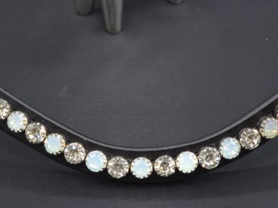 Opal and Clear 1 Row PRECIOSA Glass Crystal -Easy On/Off Crystal Rivet Button Closure Black Leather Browband Opal and Clear 1 Row PRECIOSA Glass Crystal -Easy On/Off Crystal Rivet Button Closure Black Leather Browband