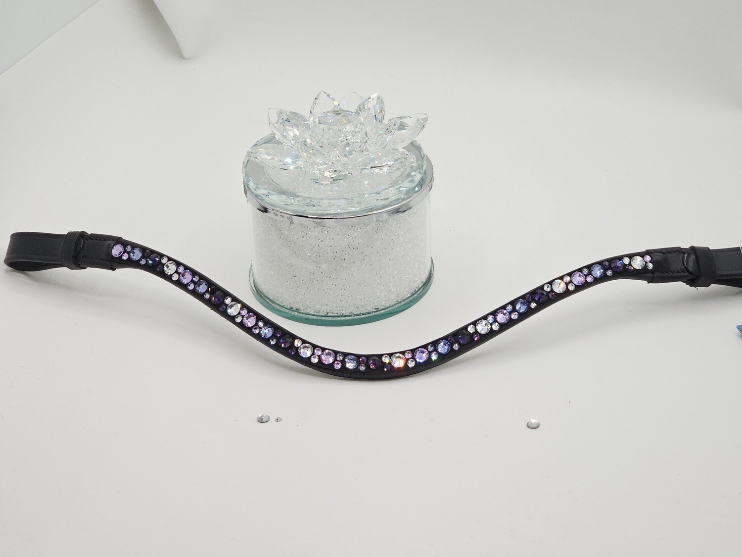 Violet,  Purple Velvet, Tanzanite and Clear Mix Hot Fix “NO SNAG” ARIANA Glass Crystal - BLACK Leather Browband V1