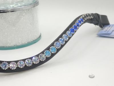 Vitrail Aquamarine Lt. Sapphire Sapphire to Dark Inigo  Ombre 1 Row 40ss PRECIOSA Glass Crystal - Easy On/Off Snap BLACK Leather Browband