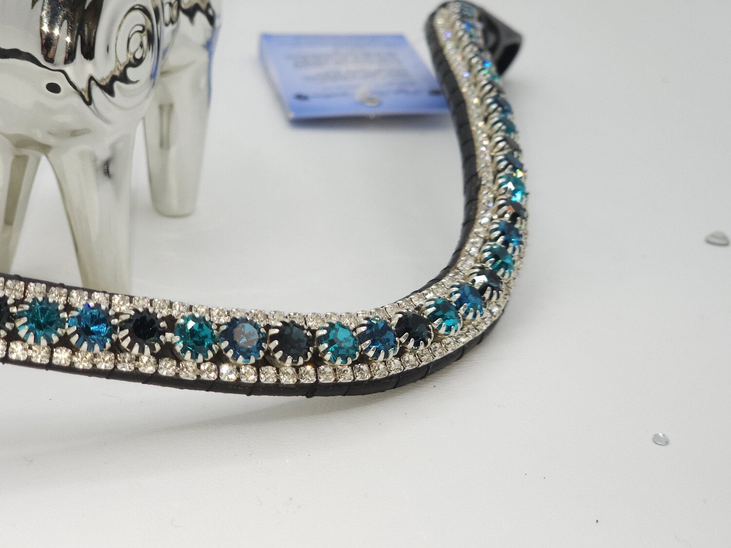 Montana, Indicolite, Blue Zircon and Clear3 Row 40SS (center) PRECIOSA Glass Crystal - Easy On/Off Snap BLACK Leather Browband