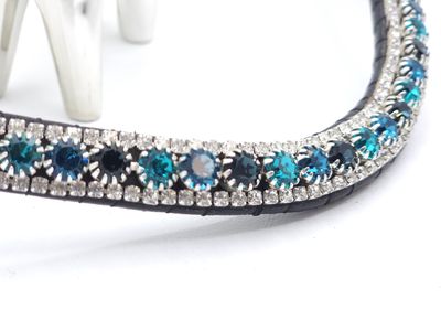 Montana, Indicolite, Blue Zircon and Clear3 Row 40SS (center) PRECIOSA Glass Crystal - Easy On/Off Snap BLACK Leather Browband
