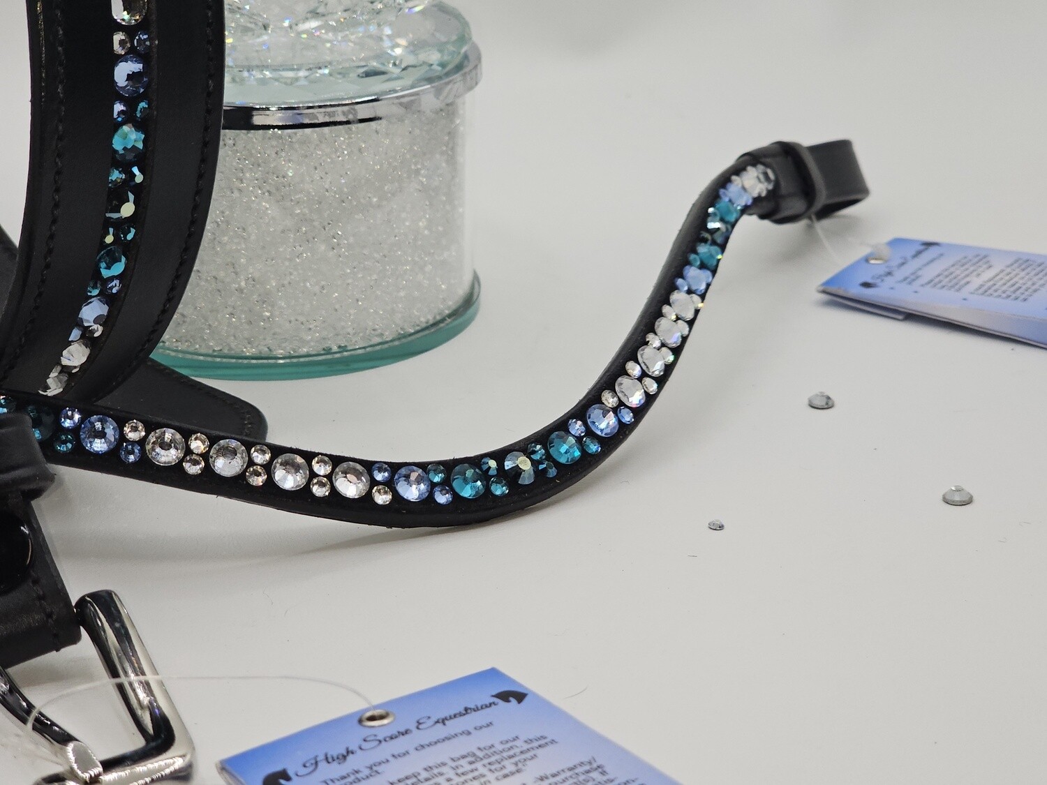 BALAYAGE Blue Clear and Aqua - Mix Hot Fix “NO SNAG” PRECIOSA Glass Crystal BLACK Leather Browband