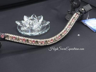 Lt. Rose, Black Diamond, Gold Quartz &amp; Clear3 Row 40SS (center) PRECIOSA Glass Crystal - Easy On/Off Crystal Rivet Button Closure BLACK or BROWN Leather Browband