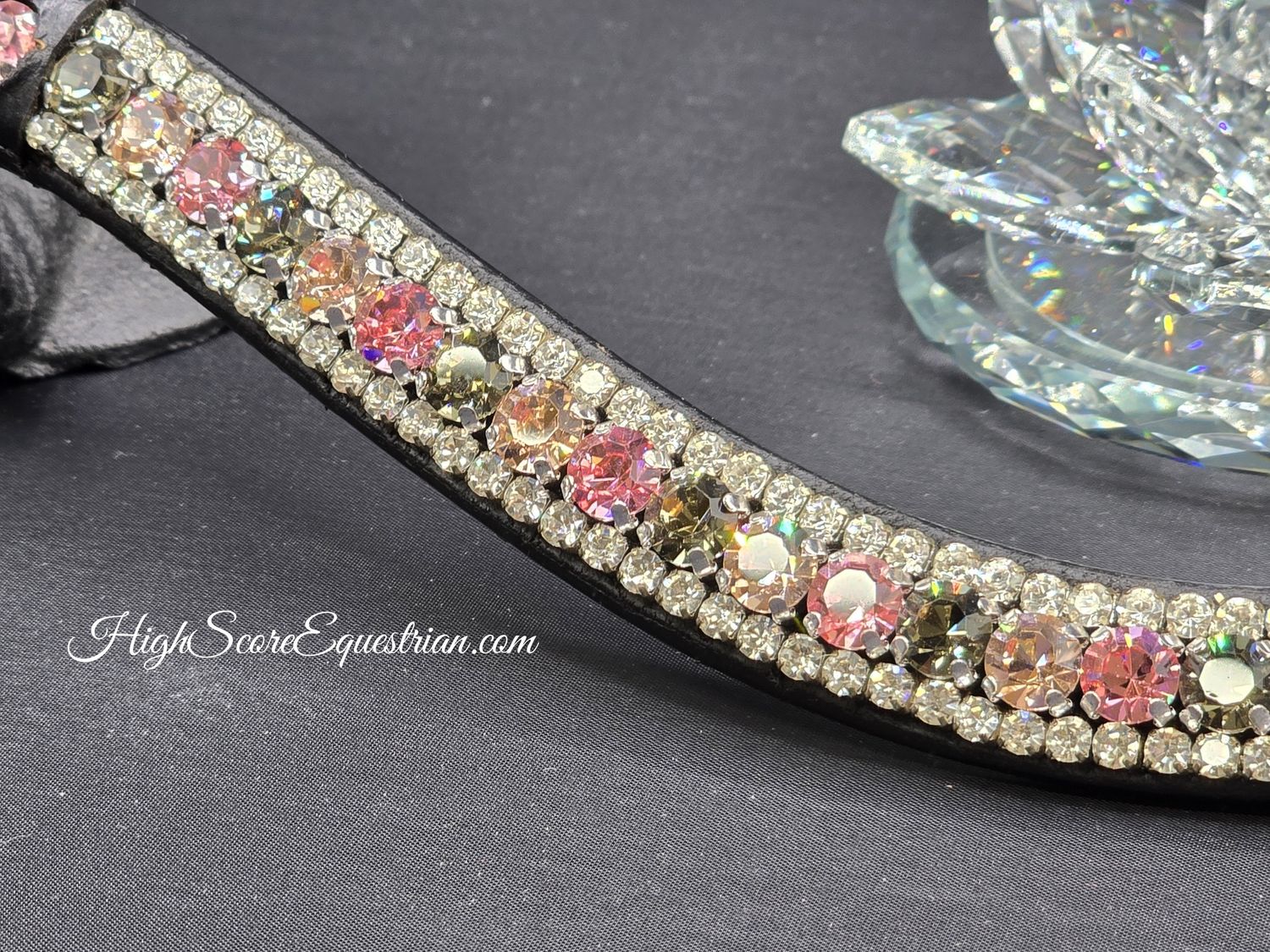 Lt. Rose, Black Diamond, Gold Quartz &amp; Clear3 Row 40SS (center) PRECIOSA Glass Crystal - Easy On/Off Crystal Rivet Button Closure BLACK or BROWN Leather Browband