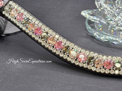 Lt. Rose, Black Diamond, Gold Quartz &amp; Clear3 Row 40SS (center) PRECIOSA Glass Crystal - Easy On/Off Crystal Rivet Button Closure BLACK or BROWN Leather Browband