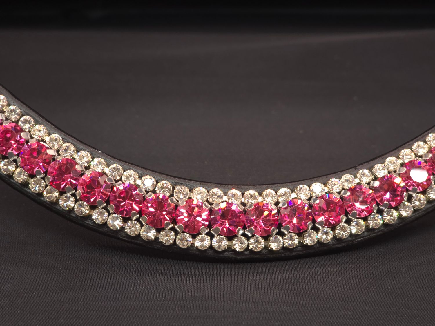 Med. U Shape 3 Row (8.5/4m PRECIOSA Glass Crystal)  * Easy On/Off Crystal Rivet Button Closure   *BLACK or BROWN Leather Browband  *PINK (Rose) and Clear 3 Row