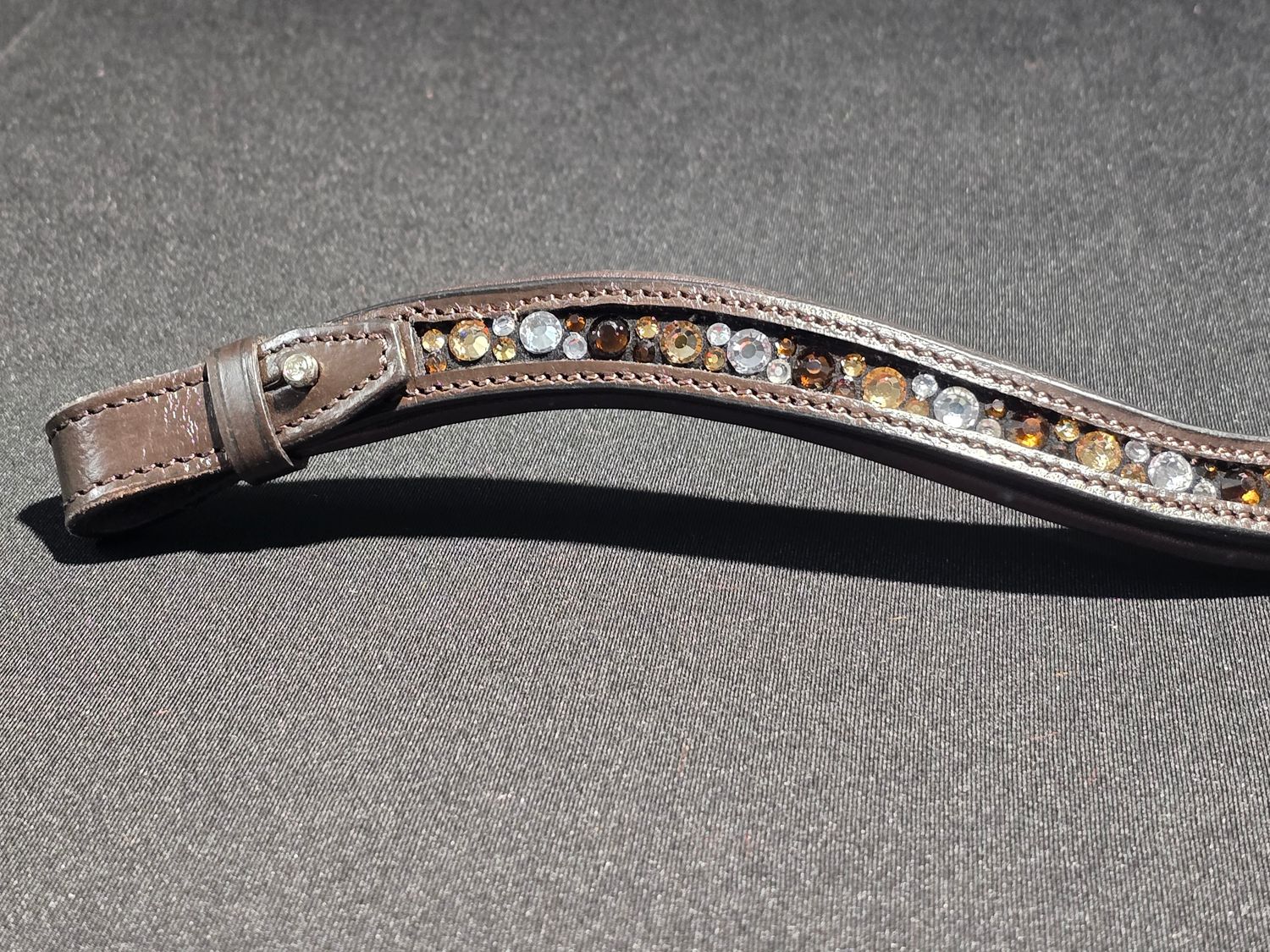 Med. U Shape *Mocha, Lt. Colorado and Clear Mix Hot Fix “NO SNAG”  Glass Crystal  On/Off Crystal Rivet - PADDED ROLLED EDGE BROWN Leather Browband