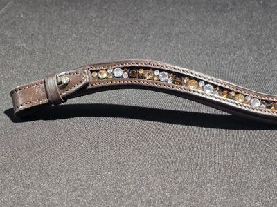 Med. U Shape *Mocha, Lt. Colorado and Clear Mix Hot Fix “NO SNAG”  Glass Crystal  On/Off Crystal Rivet - PADDED ROLLED EDGE BROWN Leather Browband