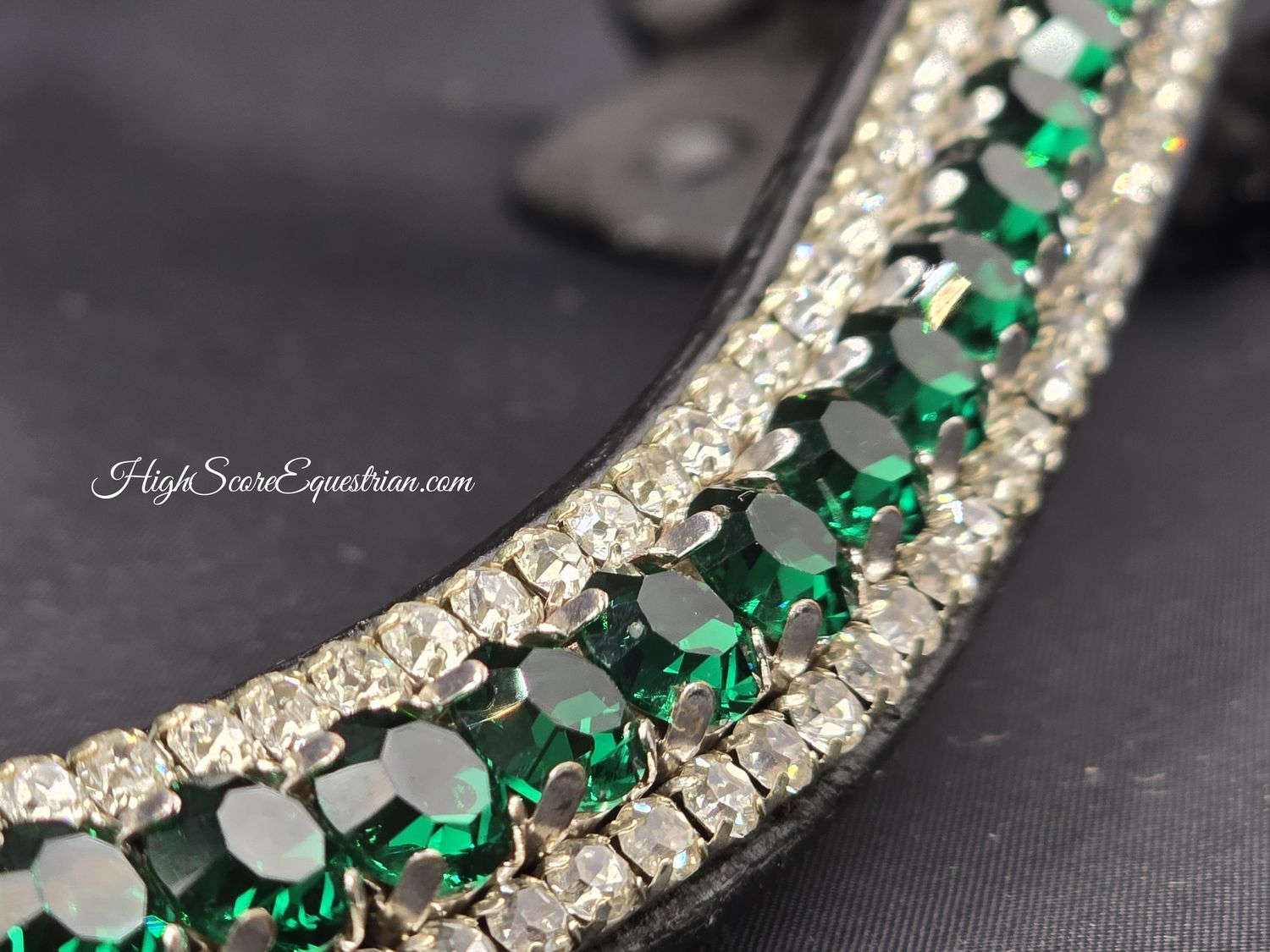 Med. U Shape 3 Row (8.5/4m PRECIOSA Glass Crystal)  * Easy On/Off Snap *BLACK or BROWN Leather Browband *Emerald Green &amp; Clear Crystal