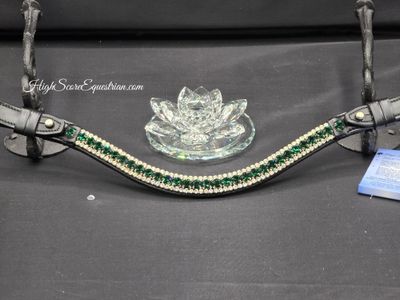 Med. U Shape 3 Row (8.5/4m PRECIOSA Glass Crystal)  * Crystal Rivet Closure *BLACK or BROWN Leather Browband *Emerald Green &amp; Clear Crystal